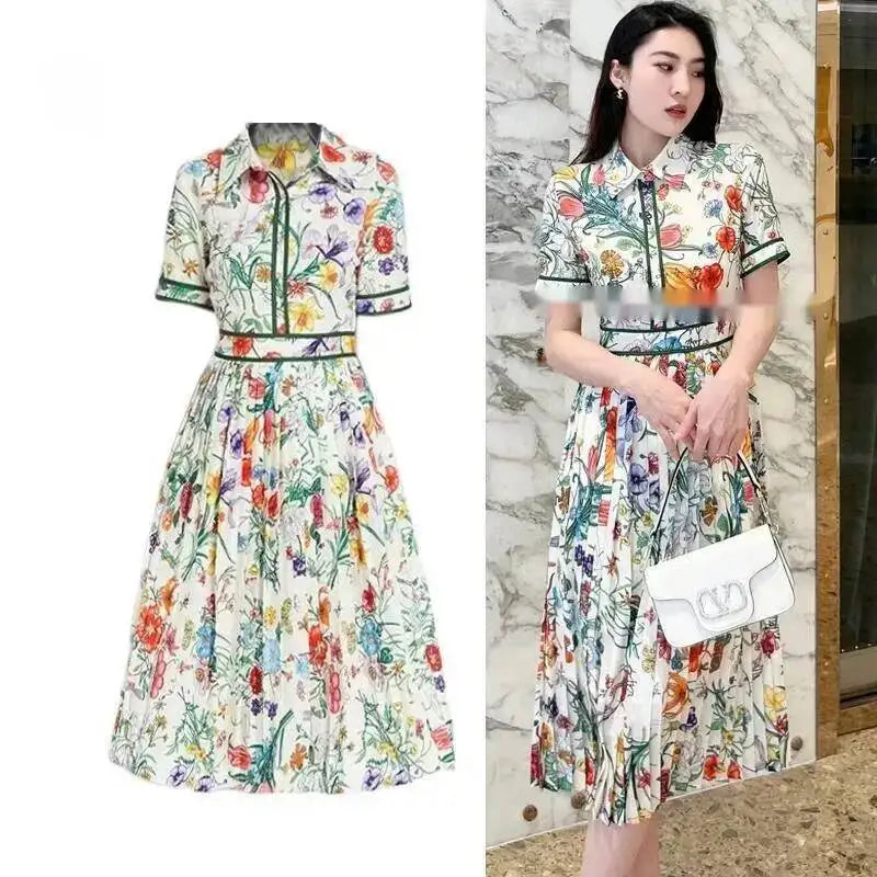 Runway Design Fashion Floral Print Elegant Summer Pleated Midi Long Dress Shirt Street Casual Lady Office Work Dresses