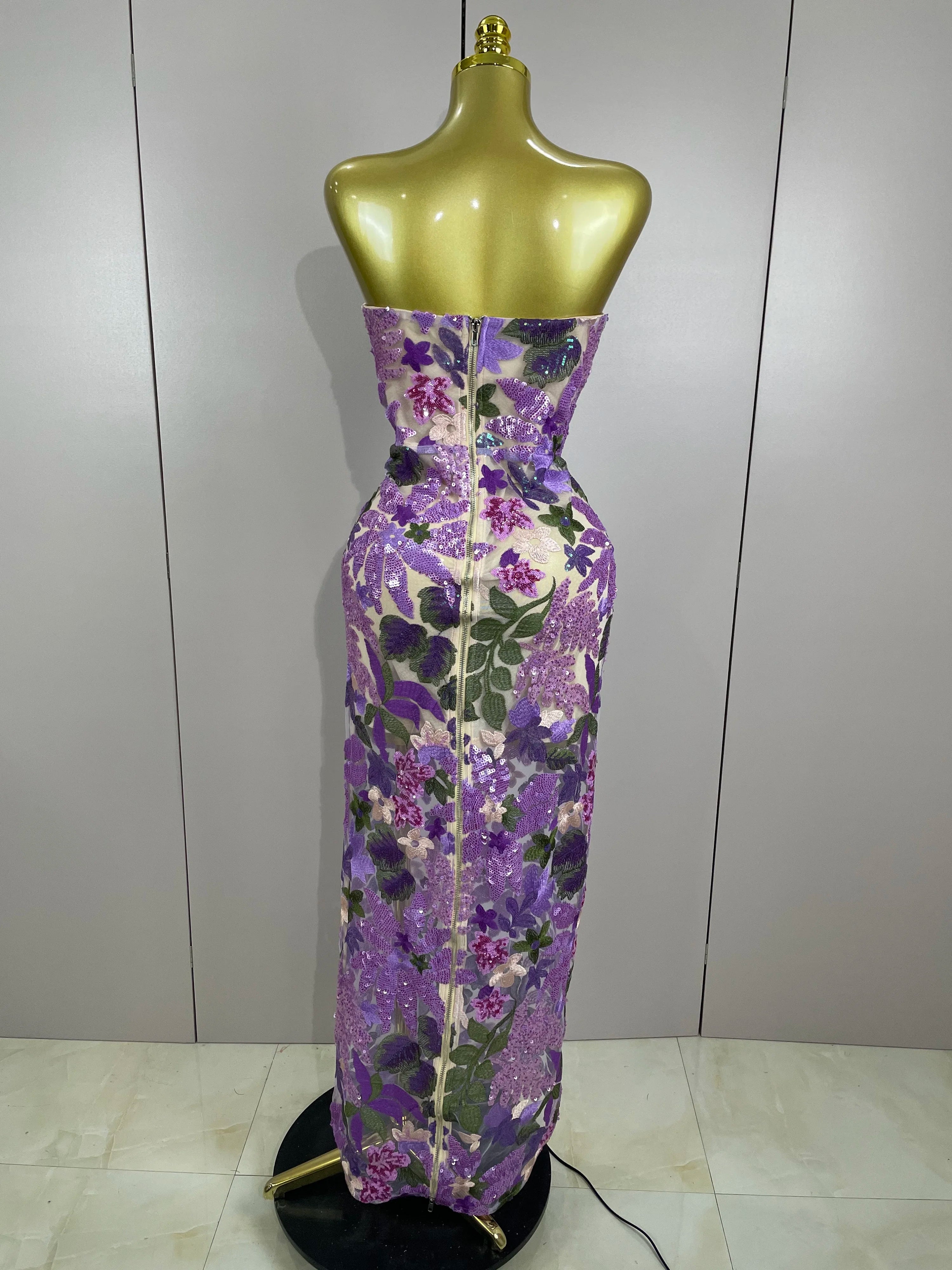 New Sexy Strapless Floral Sequin Long Dress Women Sequins Flower Backless Long Slim Dress Evening Party Runway Gown Dress