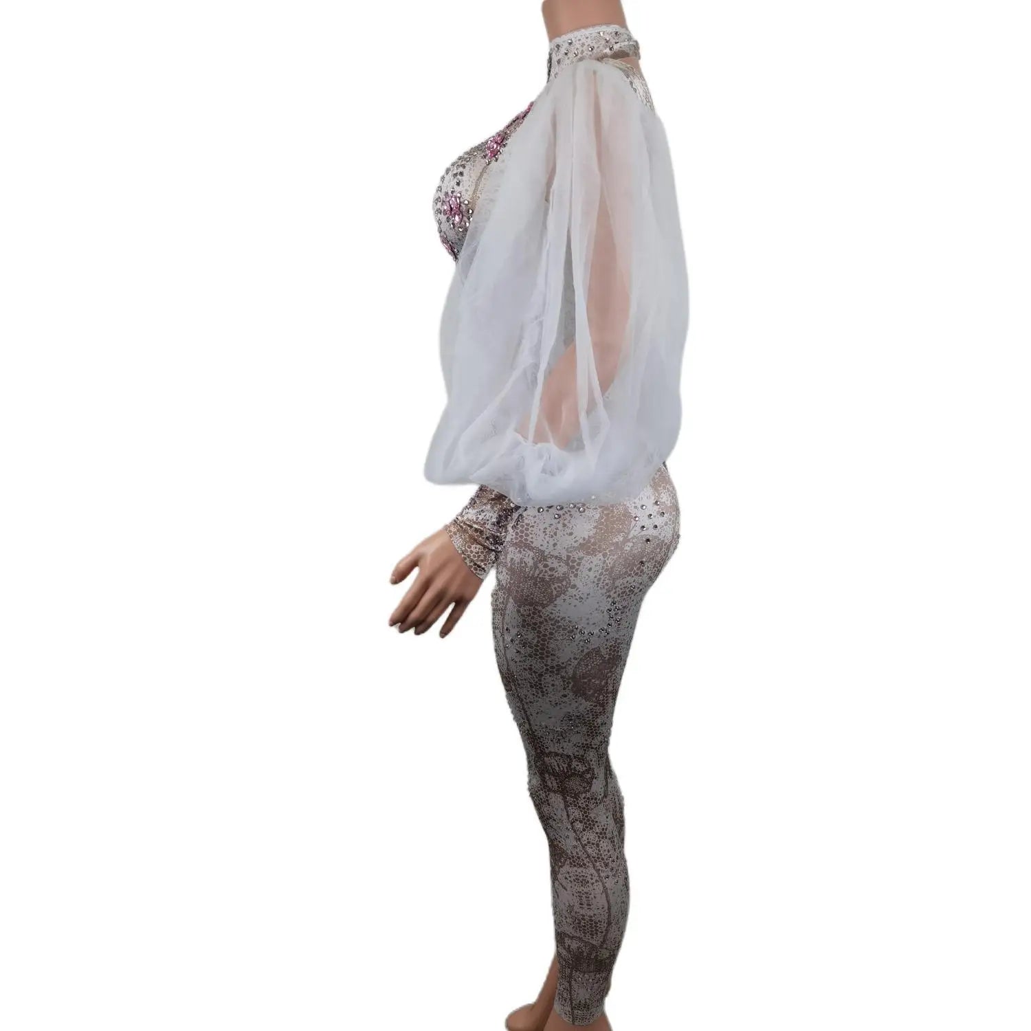 Fashion White Lace Puff Sleeve Rompers Dancer Sexy Bodysuit Tight Fitting Rhinestone Jumpsuit Woman Birthday Party Festival Wear