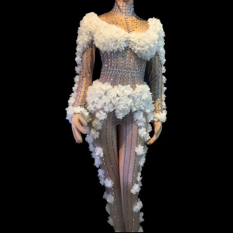 Sexy Dj Pink Flower Bodysuit Costume Evening Crystals Jumpsuit Celebrate Party Wear Singer Stage Performance Gogo Costumes