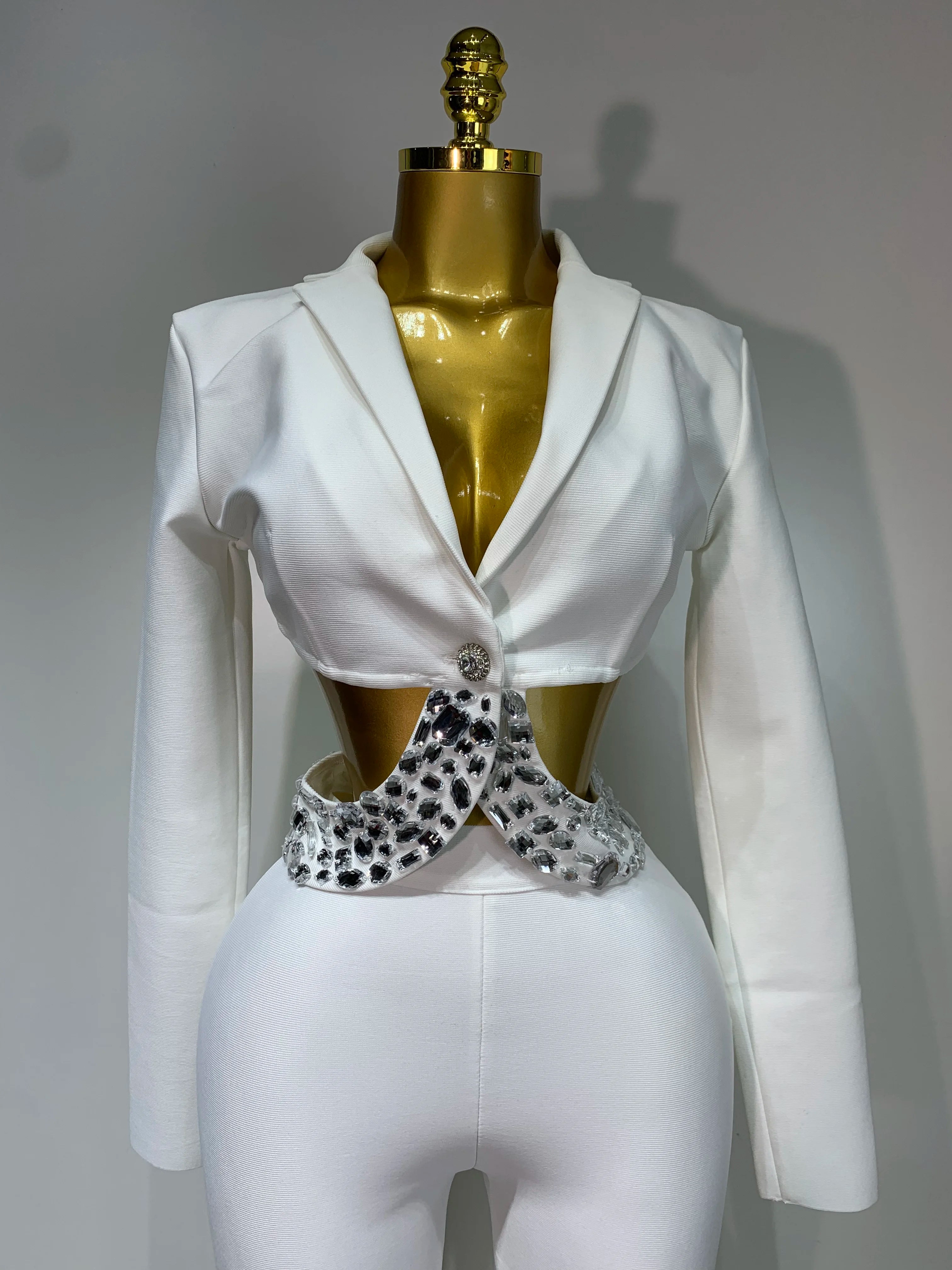 Women Sexy Long Sleeve Beading Bodycon Two Pieces Pants Bandage Set Celebrity Designer Fashion Women's Luxury Birthday Set