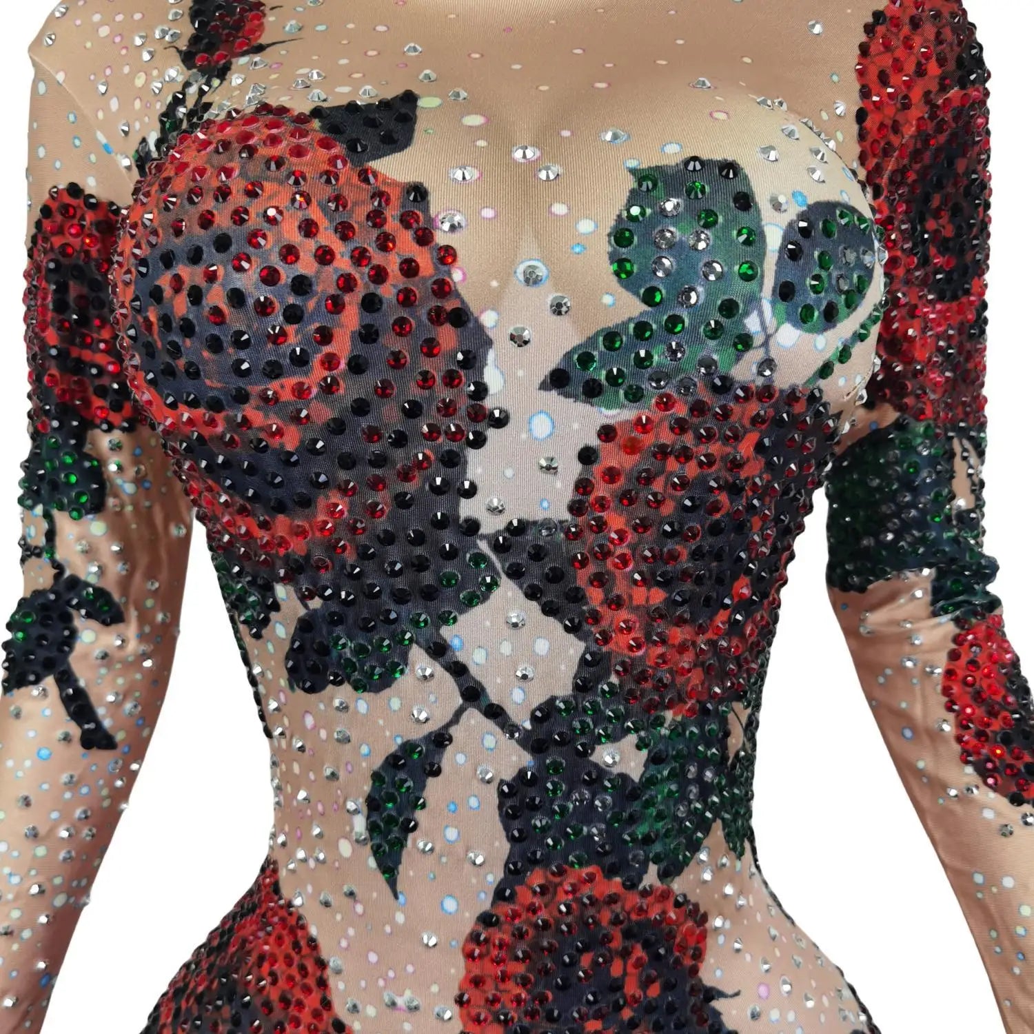 Designer Rose Pattern Rhinestone Bodysuits Stretch Leotard Nightclub DJ Stage Pole Dancing Costumes Women Performance Jumpsuit
