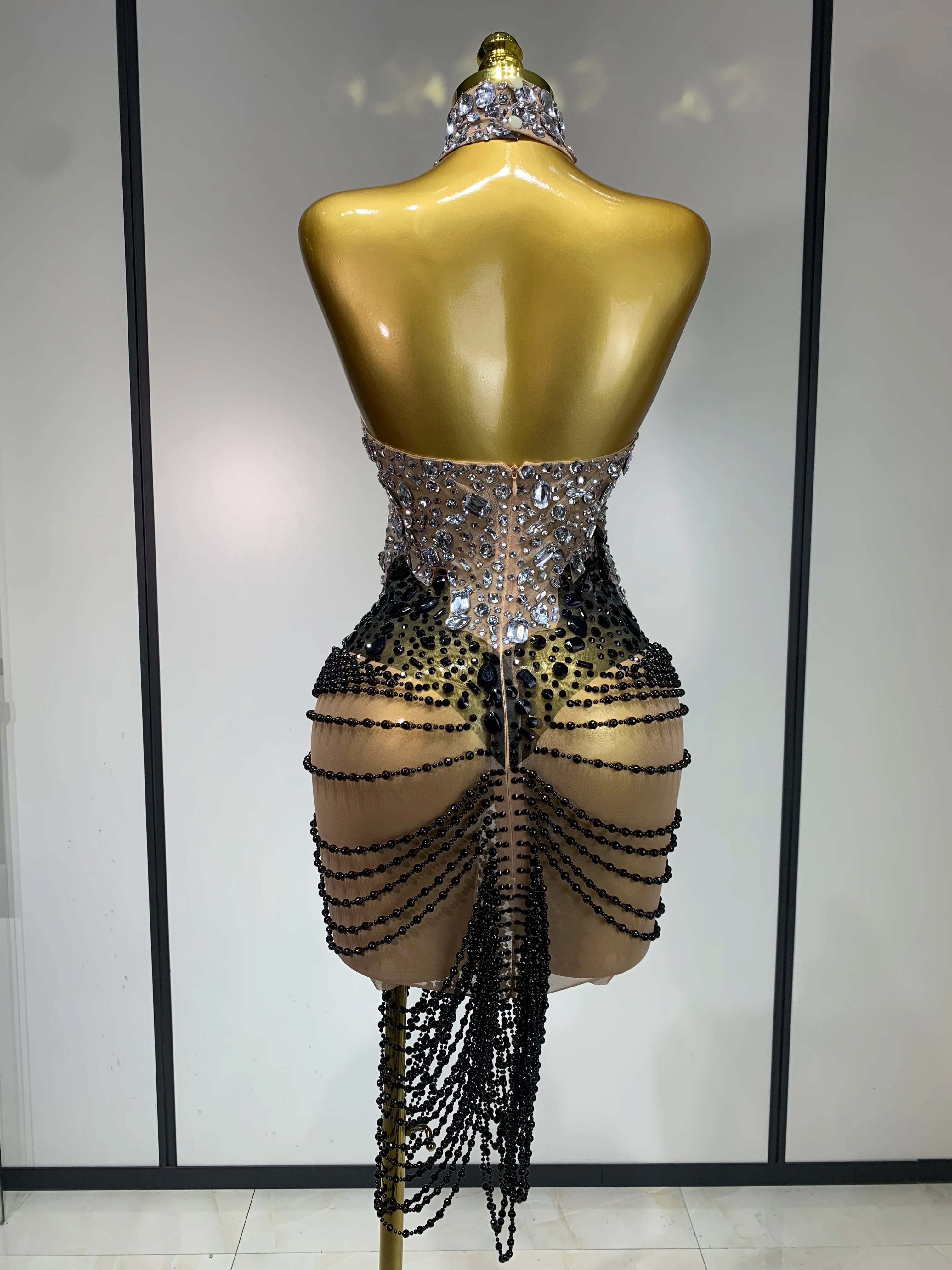 Sparkly Crystals Beading Short Dress Women Sexy Backless Mesh See Through Evening Prom Celebrate Birthday Dress Photo Shoot Wear