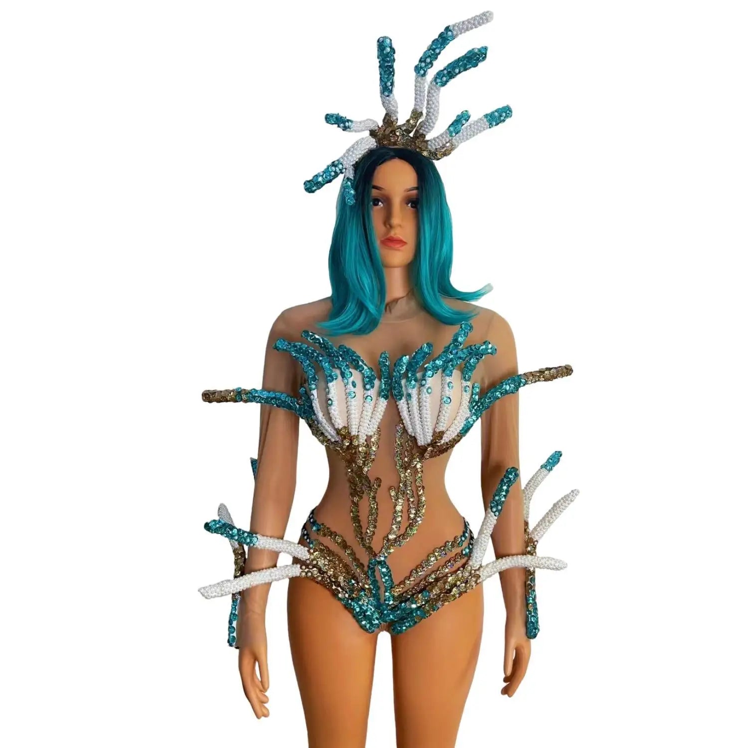 Women Halloween Costumes Crystals Bodysuits Headwear Set gig Party Performance Wear Carnival Rave Festival Drag Costume