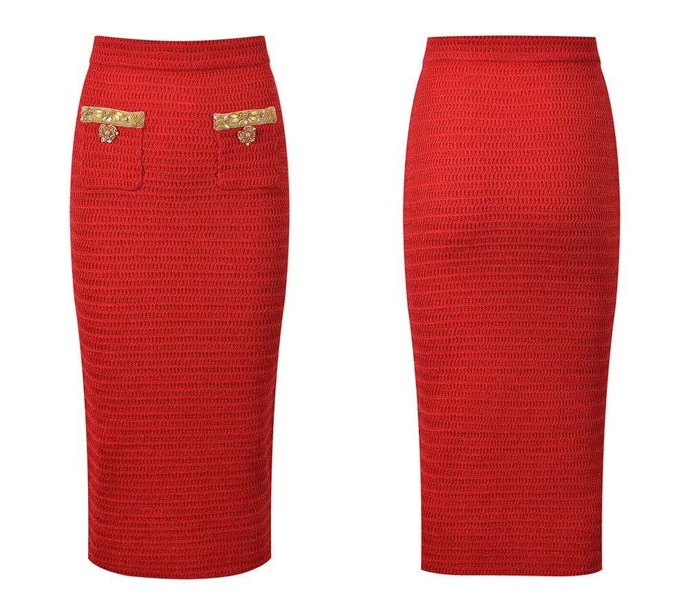 Luxury Crystal Long Evening Dresses Women 2 Piece Women Skirt Suits Beading Knitting Cardigans Sweater Long Pencil Skirts Sets