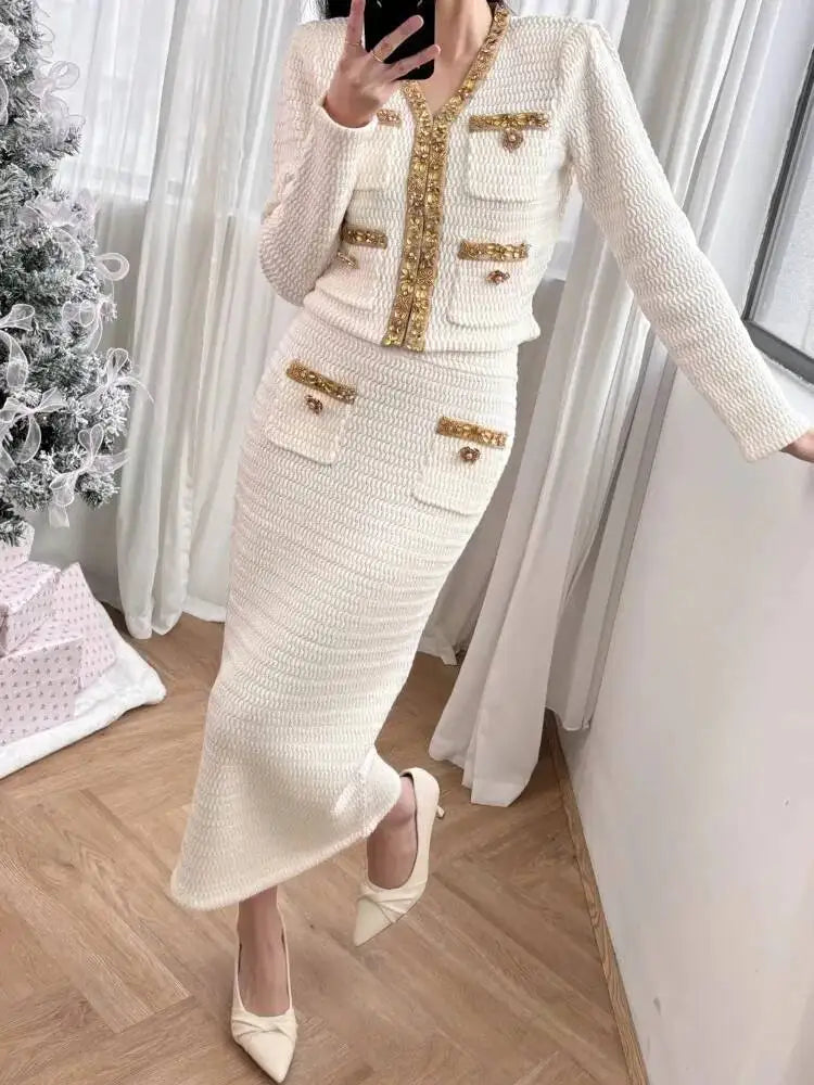 Luxury Crystal Long Evening Dresses Women 2 Piece Women Skirt Suits Beading Knitting Cardigans Sweater Long Pencil Skirts Sets