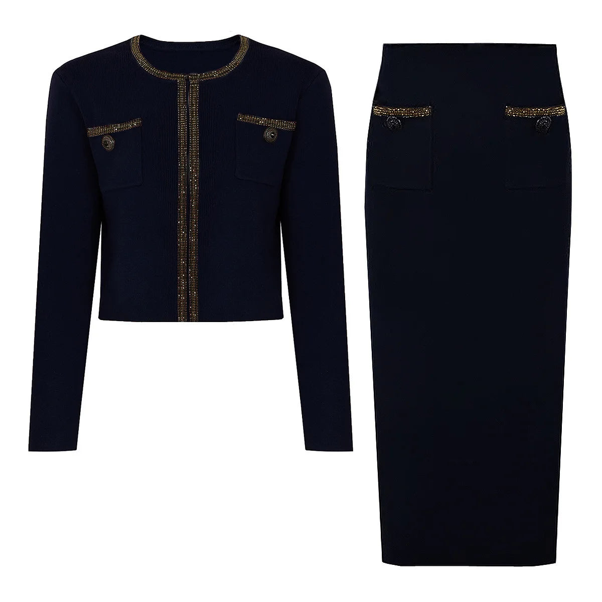 Luxury Crystal Long Evening Dresses Women 2 Piece Women Skirt Suits Beading Knitting Cardigans Sweater Long Pencil Skirts Sets