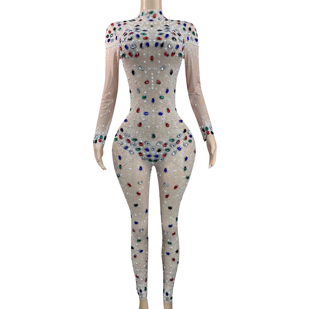 Lady Elegant Long Sleeve Rhinestone Jumpsuit Bling Diamond Beaded Evening Sexy City Dresses Woman Outfit Playsuit