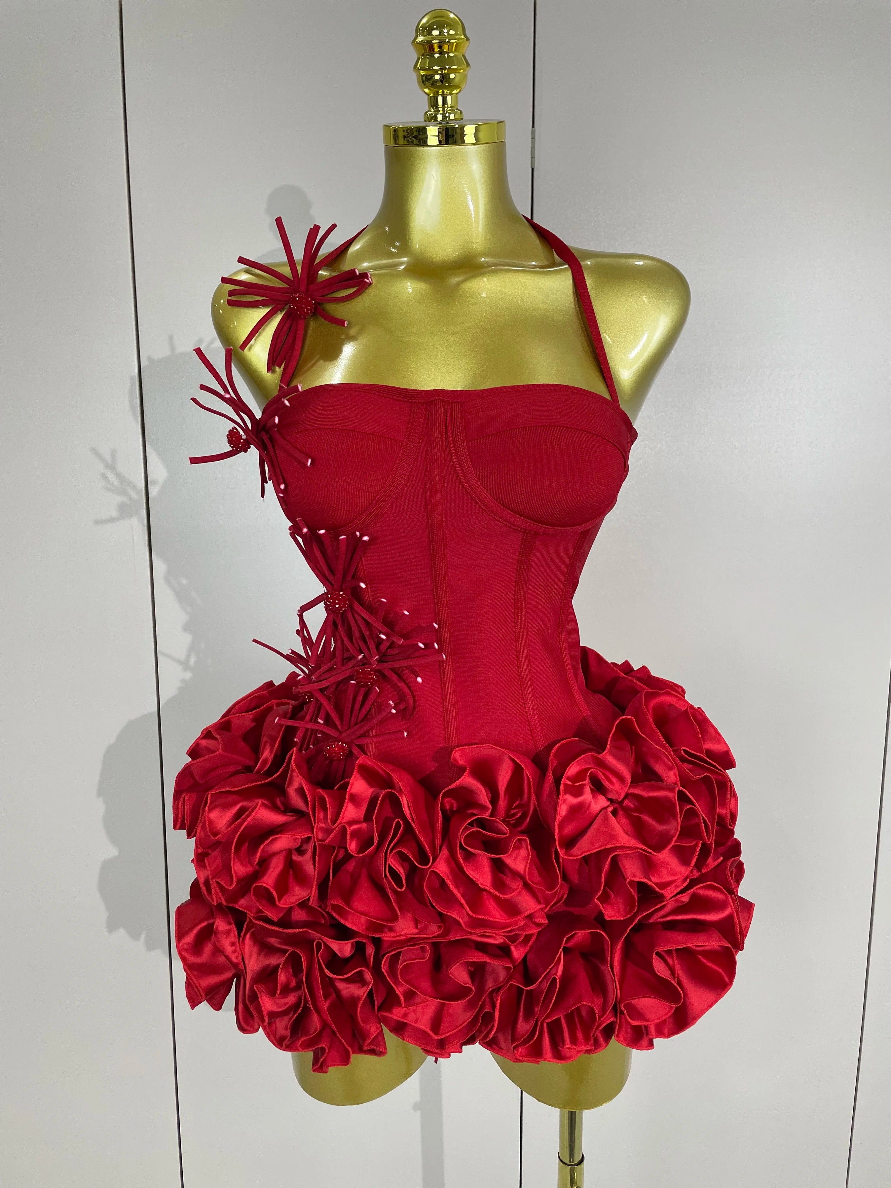 Red Sculpted Rose Corset Two-Piece Mini Dress - detail view 4
