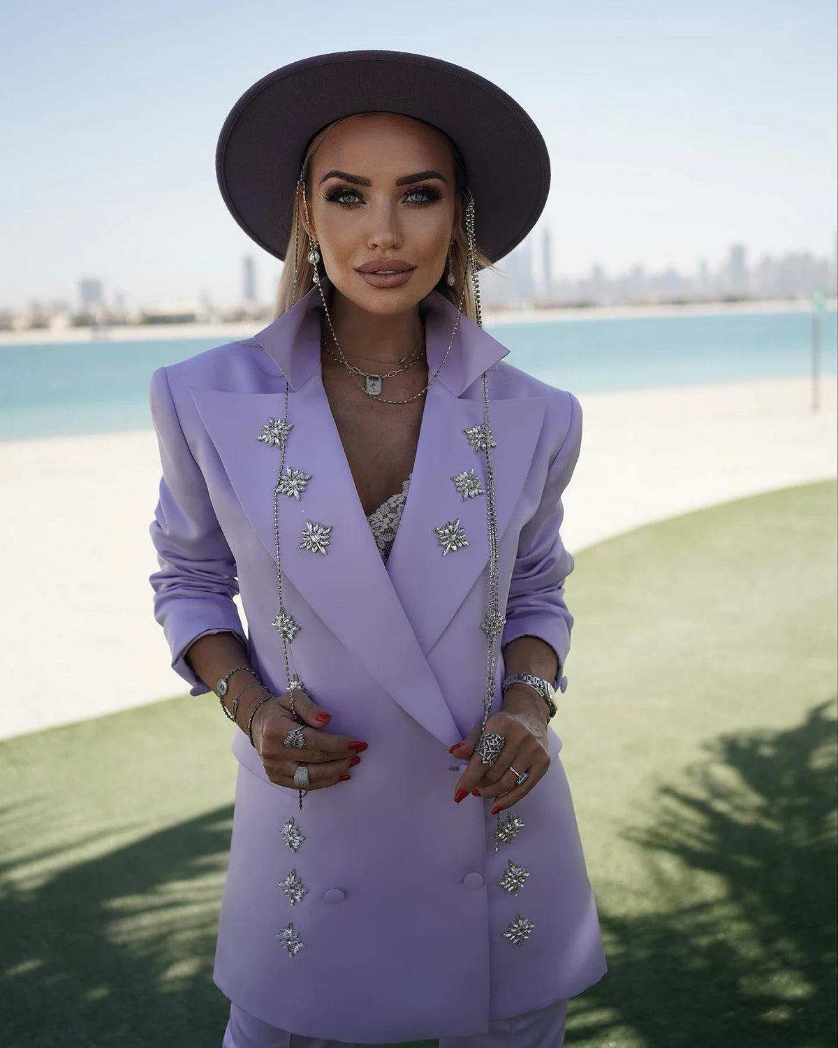 Fashion Show Women Pants Suits Flowers Beading Blazer Sets Double Breated 2 Pieces Custom Made For Lady