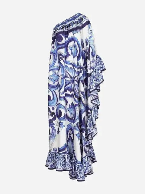 Summer Long Dress Women Runway Blue And White Porcelain Asymmetry Sexy Off The Shoulder Ruffles Hem Loose Robe Maxi Vestidos