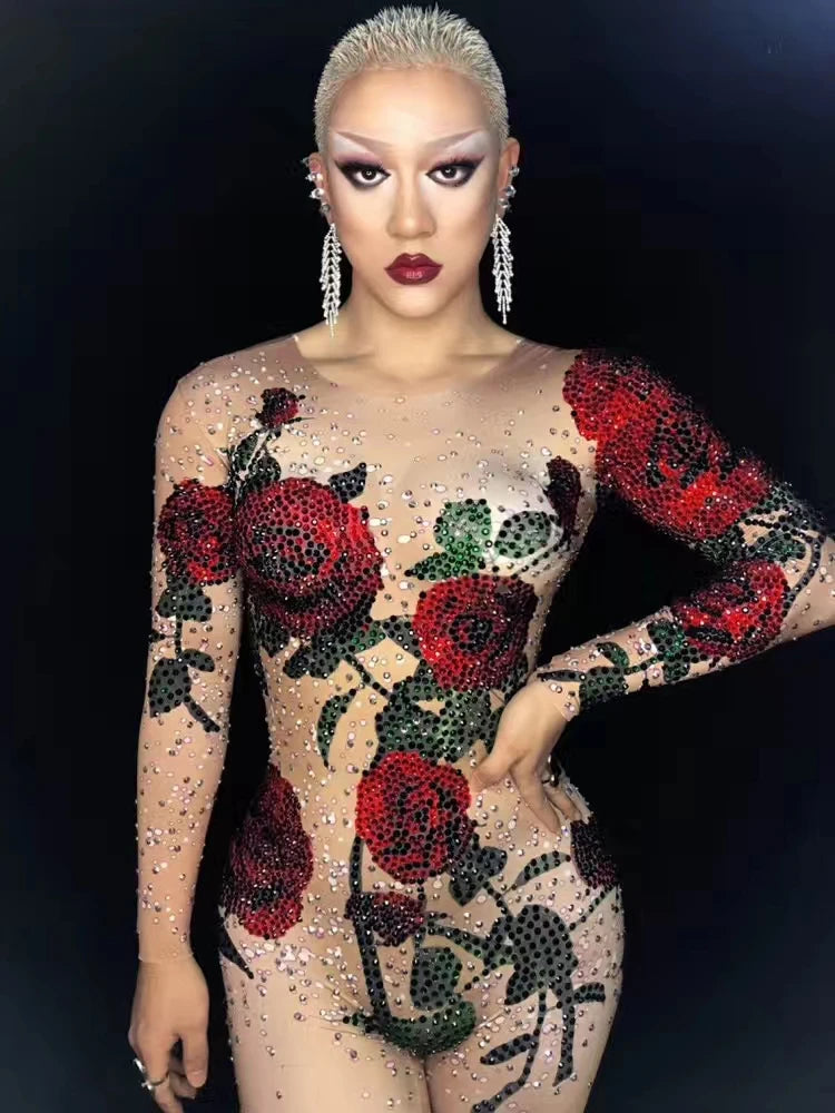 Designer Rose Pattern Rhinestone Bodysuits Stretch Leotard Nightclub DJ Stage Pole Dancing Costumes Women Performance Jumpsuit