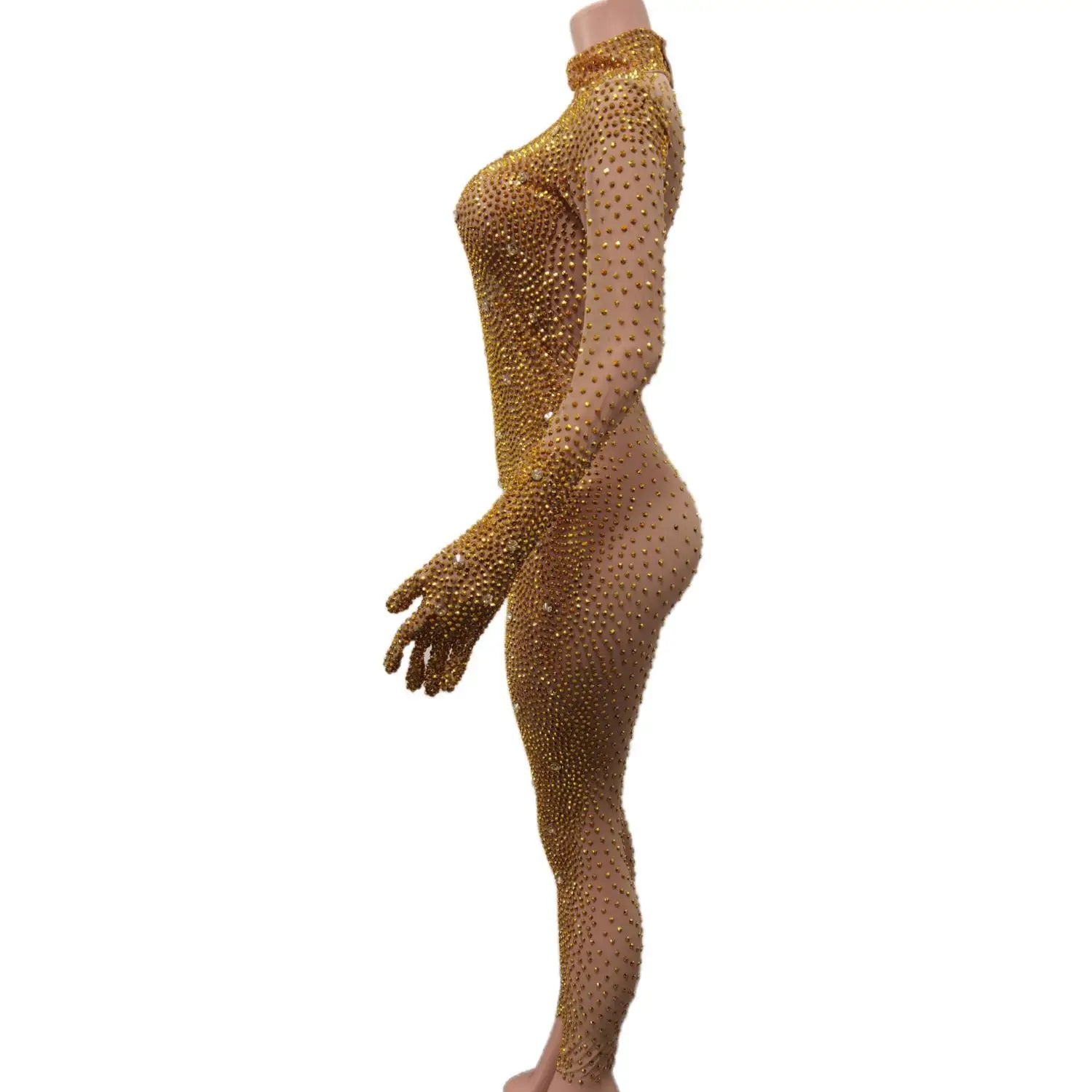 Sexy Shining Gold Rhinestones Jumpsuit Mesh Transparent Birthday Celebrate Bodysuit Nightclub Singer Dance Leggings