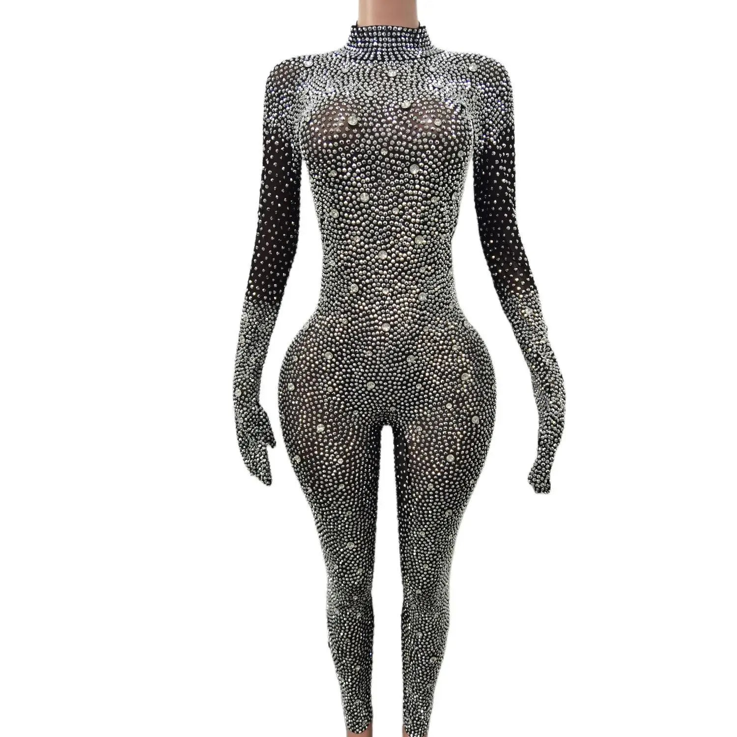 Sexy Shining Gold Rhinestones Jumpsuit Mesh Transparent Birthday Celebrate Bodysuit Nightclub Singer Dance Leggings
