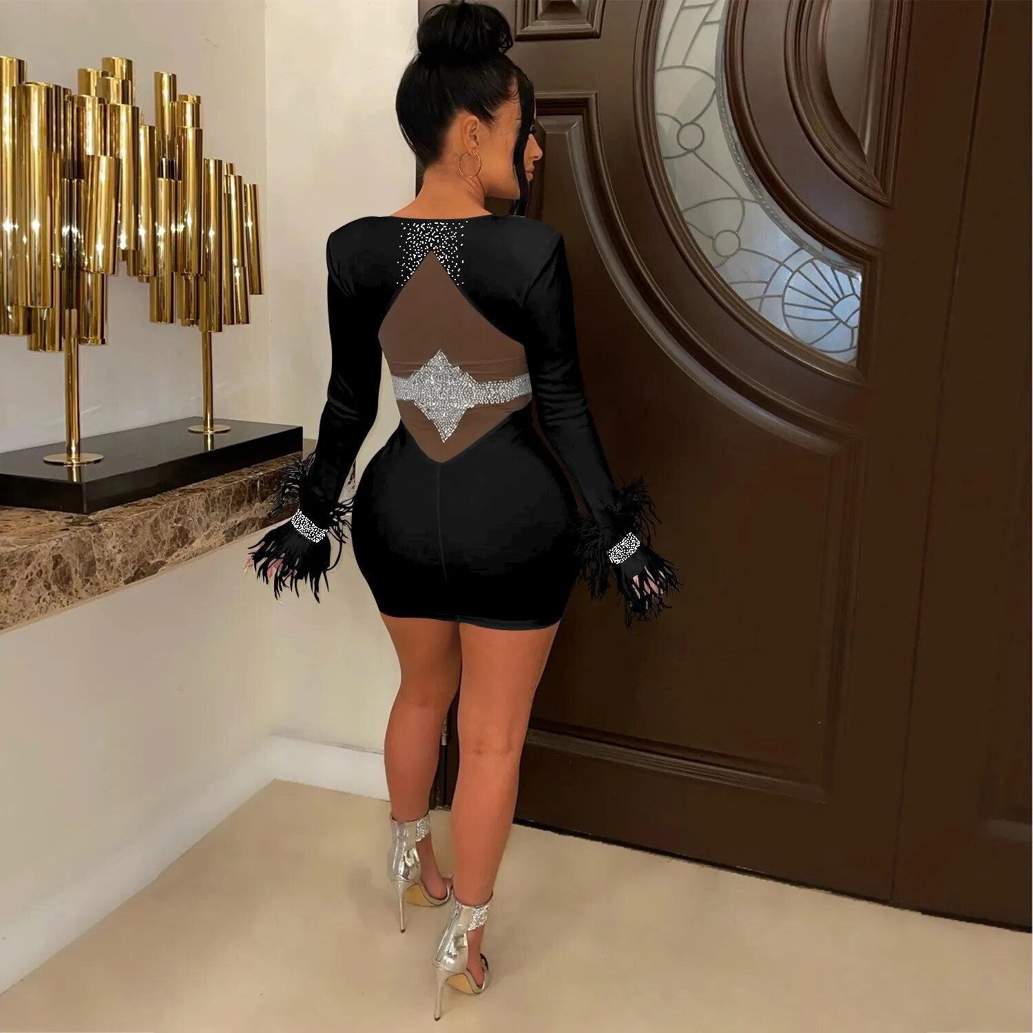 Feather Rhinestone Mesh Bodycon Mini Dress Women Night Club See Through Outfits Party Evening Sexy Diamond Prom Short Dresses