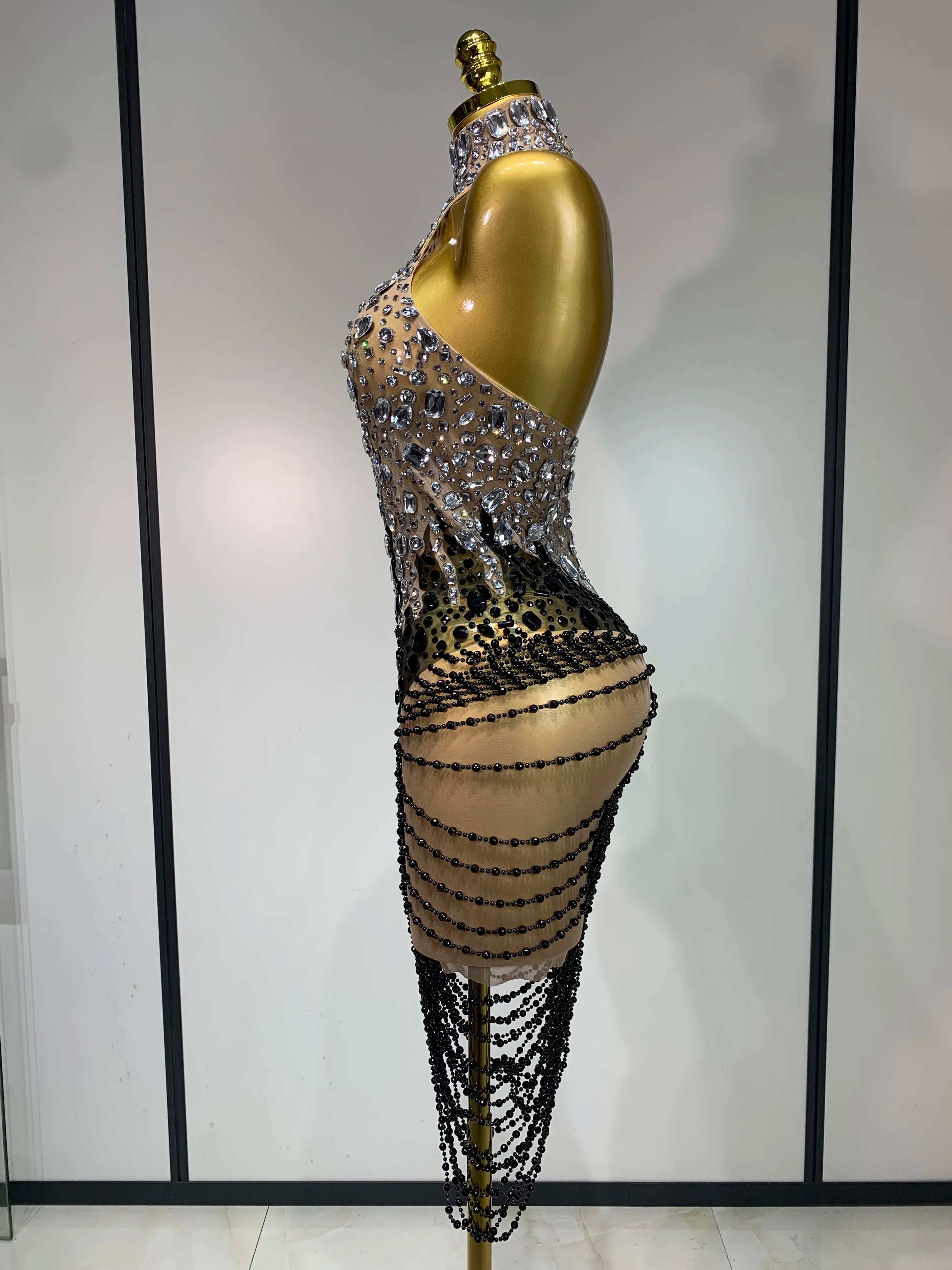 Sparkly Crystals Beading Short Dress Women Sexy Backless Mesh See Through Evening Prom Celebrate Birthday Dress Photo Shoot Wear