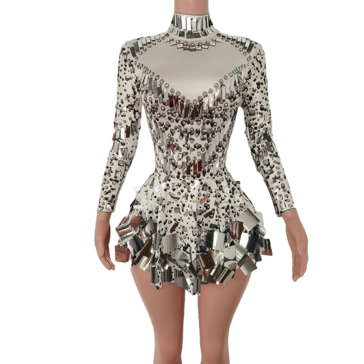 Ella Mirror Party Dress Nude Women Long Sleeve Stretch Mini Dress Evening Party Prom Women's Celebrate Dress Stage Costumes