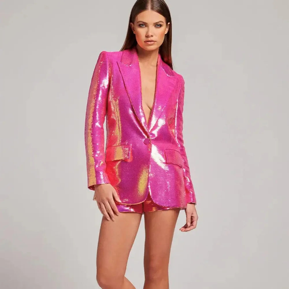 Sequins Short Suits Hot Pink  Summer Pink Sequin Glitter Jacket Shorts Fashion Two Piece Set Outfits Women