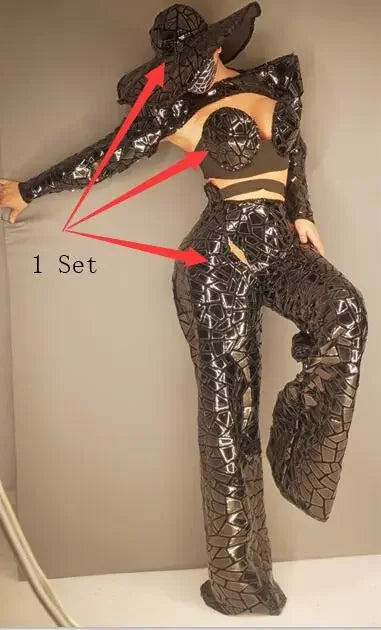 Set Women DJ Dancer Black Sequins Mirror Bra Pant Shawl Cap Outfit Singer Show Sexy Stage Wear Bar Party Rave Reflective Costume