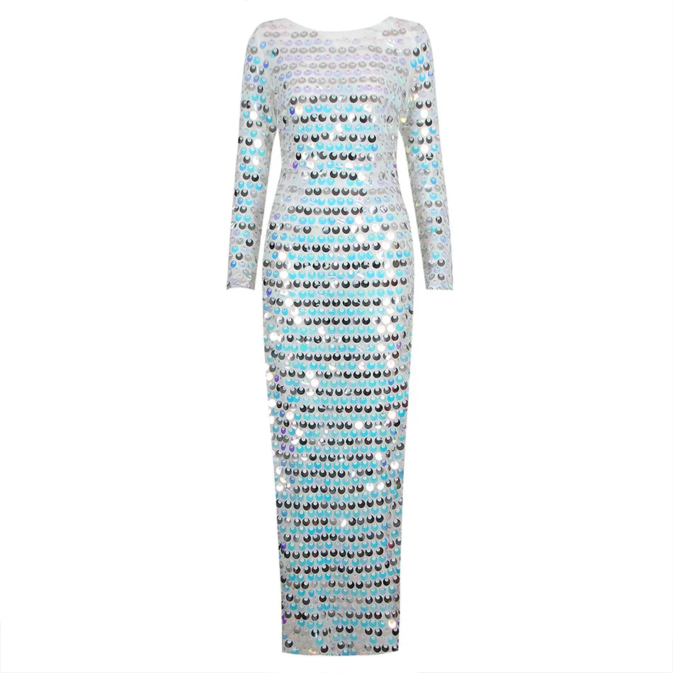 Sexy Backless Colorful Sequine Dress Women Fashion Celebrity Long Sleeve Back Split Maxi Gown