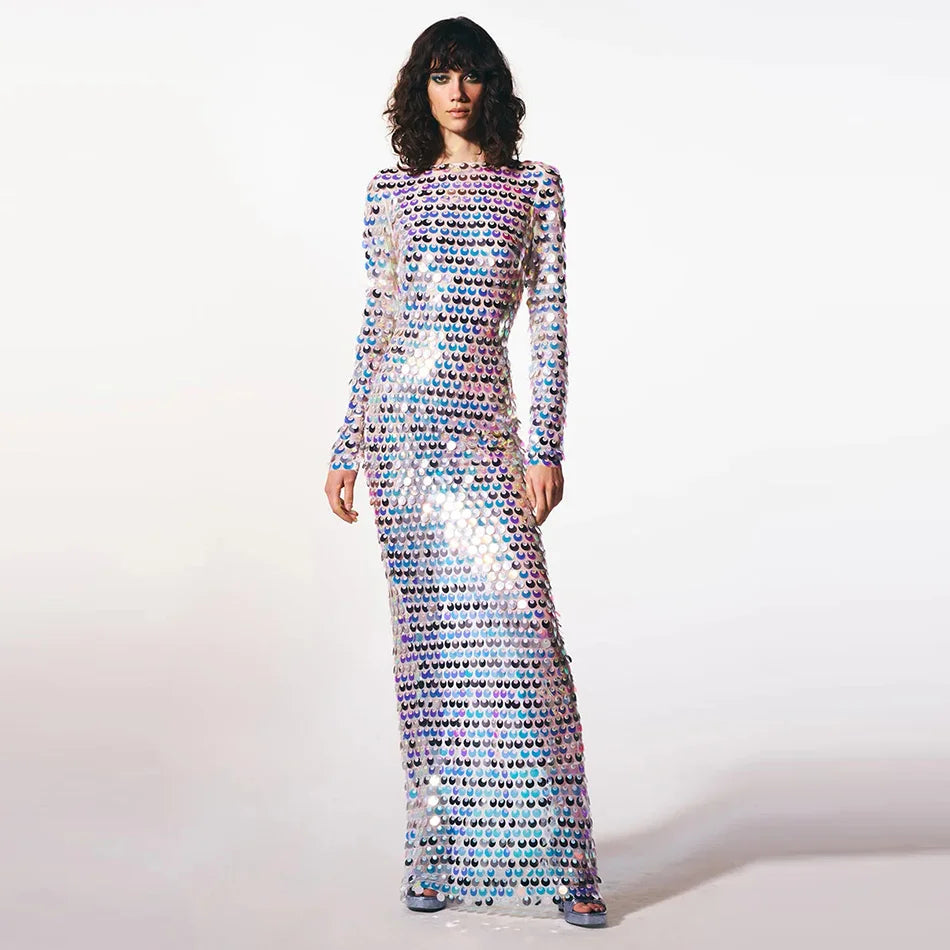 Sexy Backless Colorful Sequine Dress Women Fashion Celebrity Long Sleeve Back Split Maxi Gown