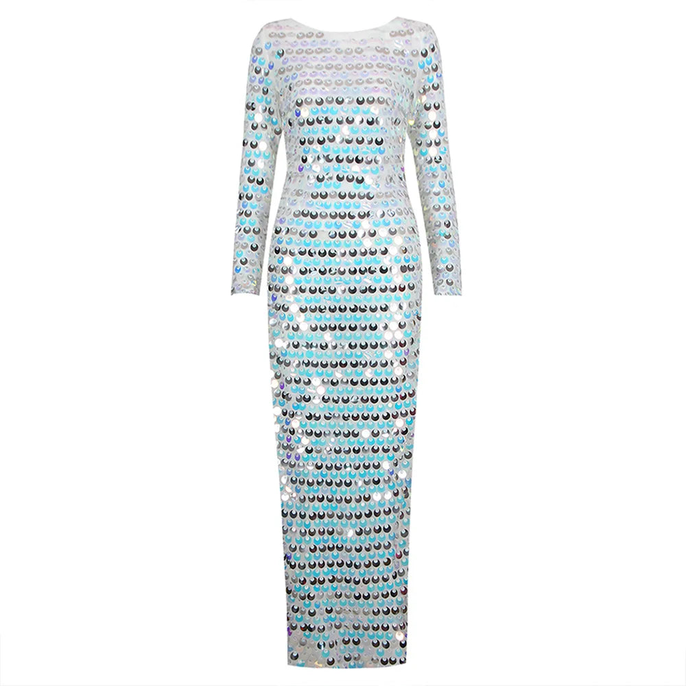 Sexy Backless Colorful Sequine Dress Women Fashion Celebrity Long Sleeve Back Split Maxi Gown