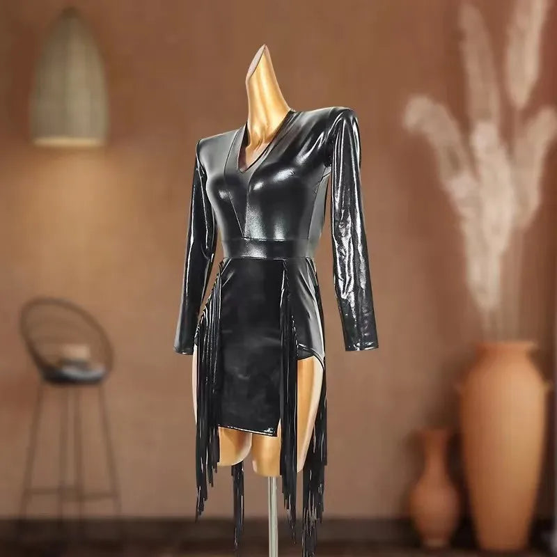 Sexy Backless Fringed Dress For Women Black Long Sleeved Latin Dance Dress For Women Rumba Tango Latin Competition Wear