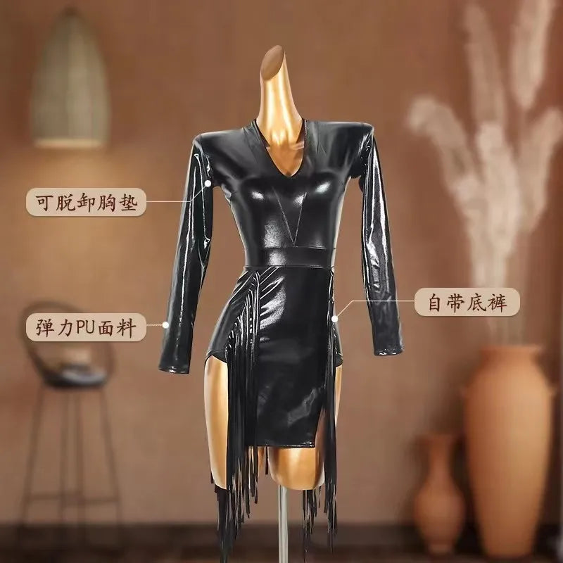 Sexy Backless Fringed Dress For Women Black Long Sleeved Latin Dance Dress For Women Rumba Tango Latin Competition Wear