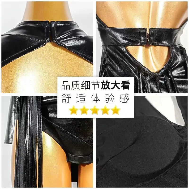 Sexy Backless Fringed Dress For Women Black Long Sleeved Latin Dance Dress For Women Rumba Tango Latin Competition Wear
