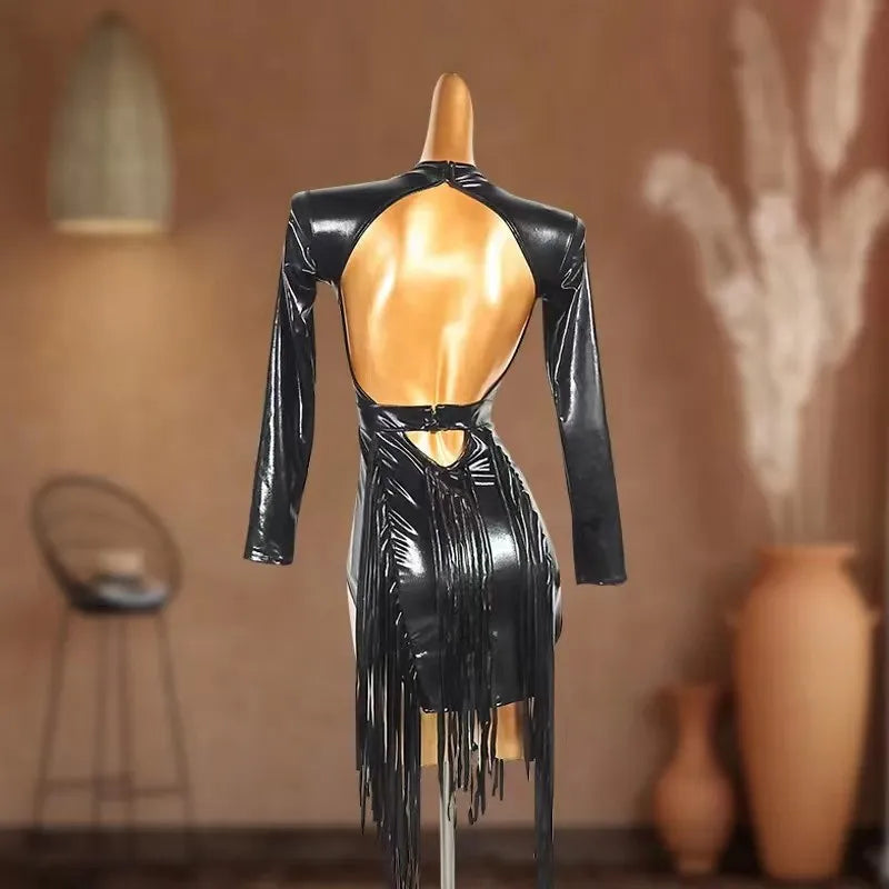 Sexy Backless Fringed Dress For Women Black Long Sleeved Latin Dance Dress For Women Rumba Tango Latin Competition Wear