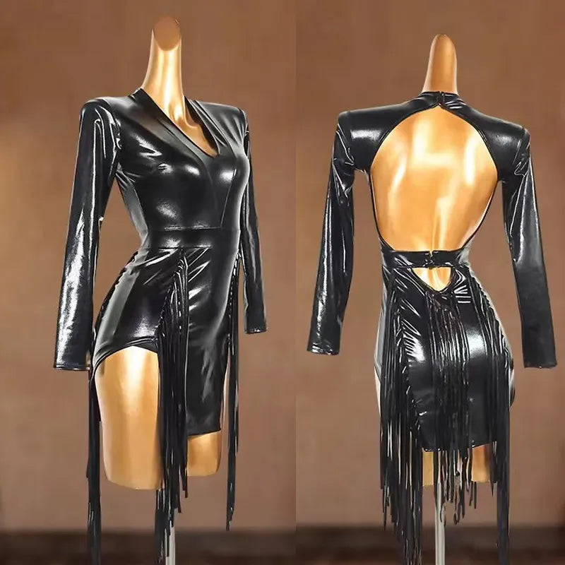 Sexy Backless Fringed Dress For Women Black Long Sleeved Latin Dance Dress For Women Rumba Tango Latin Competition Wear