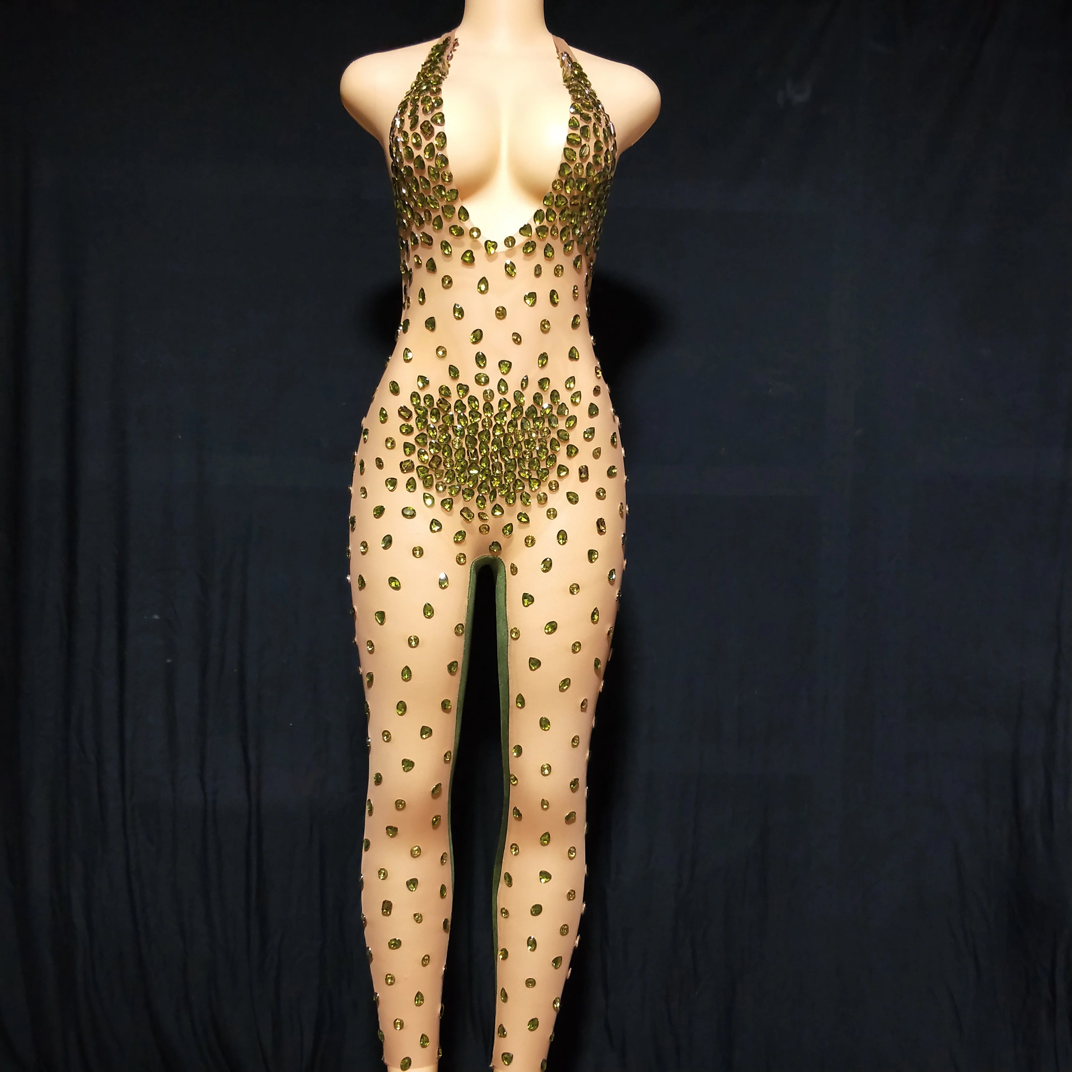 Sexy Big Stones Jumpsuit Dance Velvet Mesh Transparent Rompers Nightclub Bodysuit Costume Birthday Prom Show Sleeveless Bodysuit