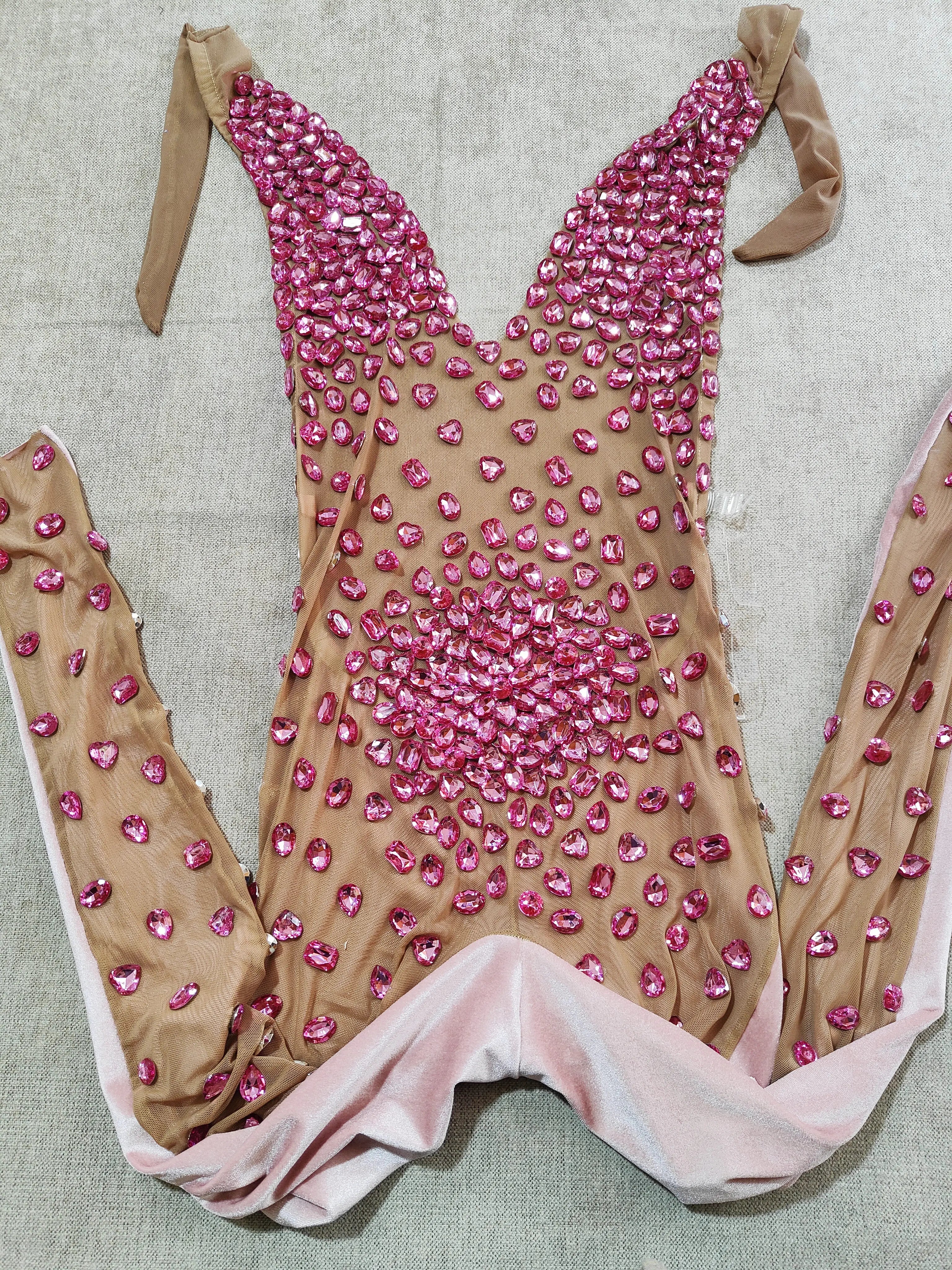 Sexy Big Stones Jumpsuit Dance Velvet Mesh Transparent Rompers Nightclub Bodysuit Costume Birthday Prom Show Sleeveless Bodysuit