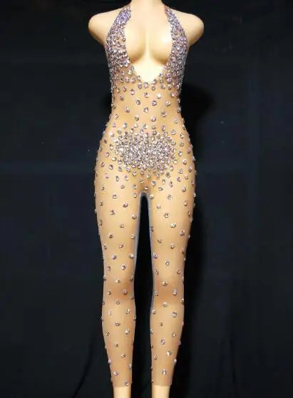 Sexy Big Stones Jumpsuit Dance Velvet Mesh Transparent Rompers Nightclub Bodysuit Costume Birthday Prom Show Sleeveless Bodysuit