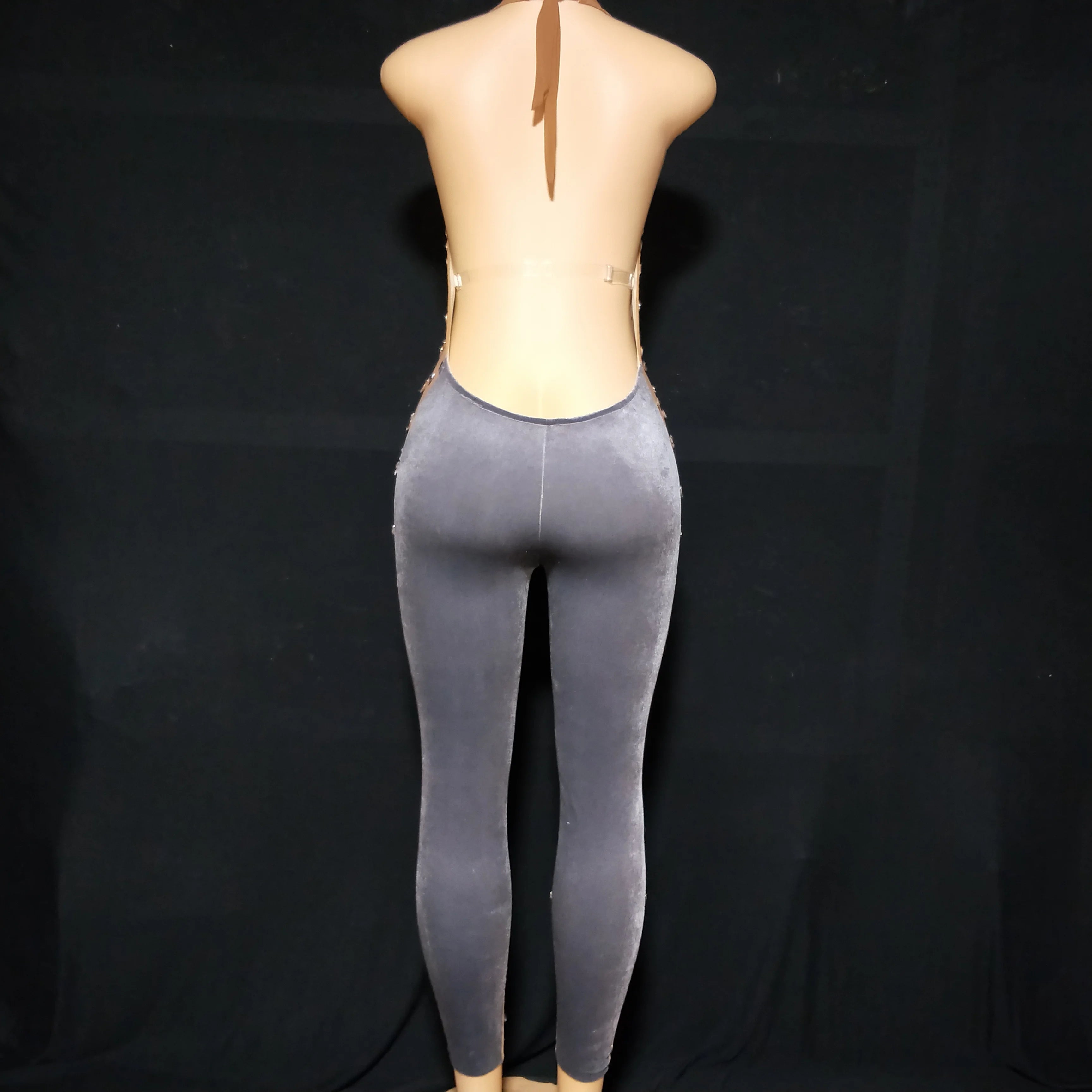 Sexy Big Stones Jumpsuit Dance Velvet Mesh Transparent Rompers Nightclub Bodysuit Costume Birthday Prom Show Sleeveless Bodysuit