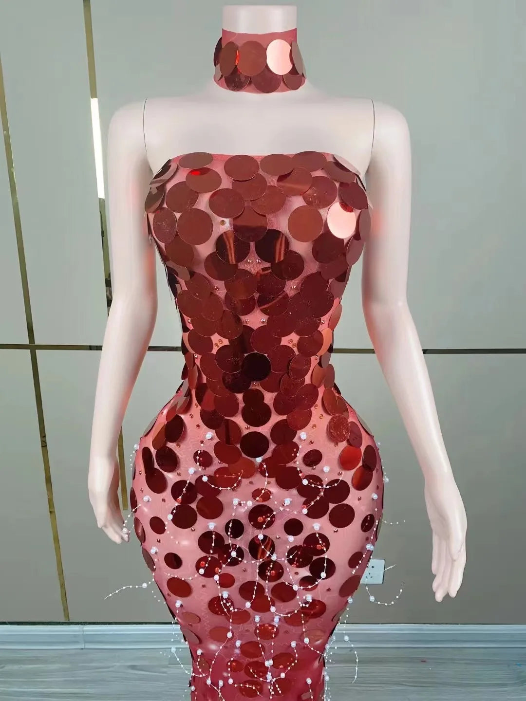 Sexy Black Red Sequins Transparent Long Dress Birthday Celebrate Rhinestones Costume Women Dance Performance Photo Shoot Dress
