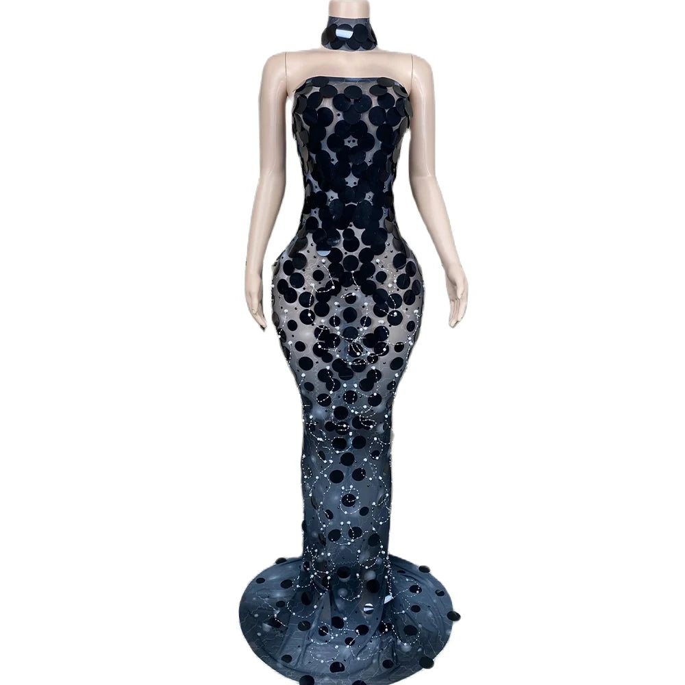 Sexy Black Red Sequins Transparent Long Dress Birthday Celebrate Rhinestones Costume Women Dance Performance Photo Shoot Dress
