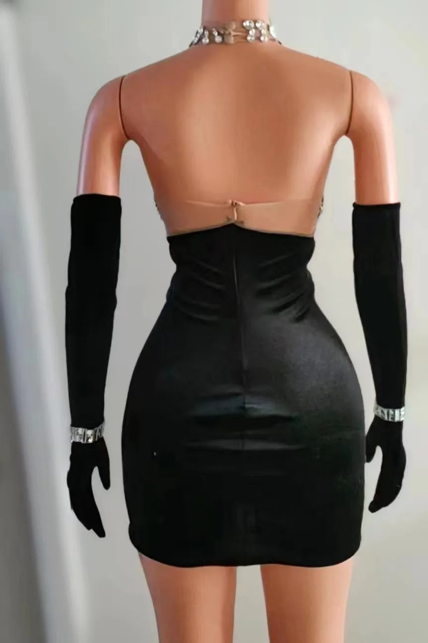 Sexy Black Velvet Crystals Gloves Rhinestones Transparent Dress Evening Dancer Outfit Birthday Celebrate Costume Host Dress
