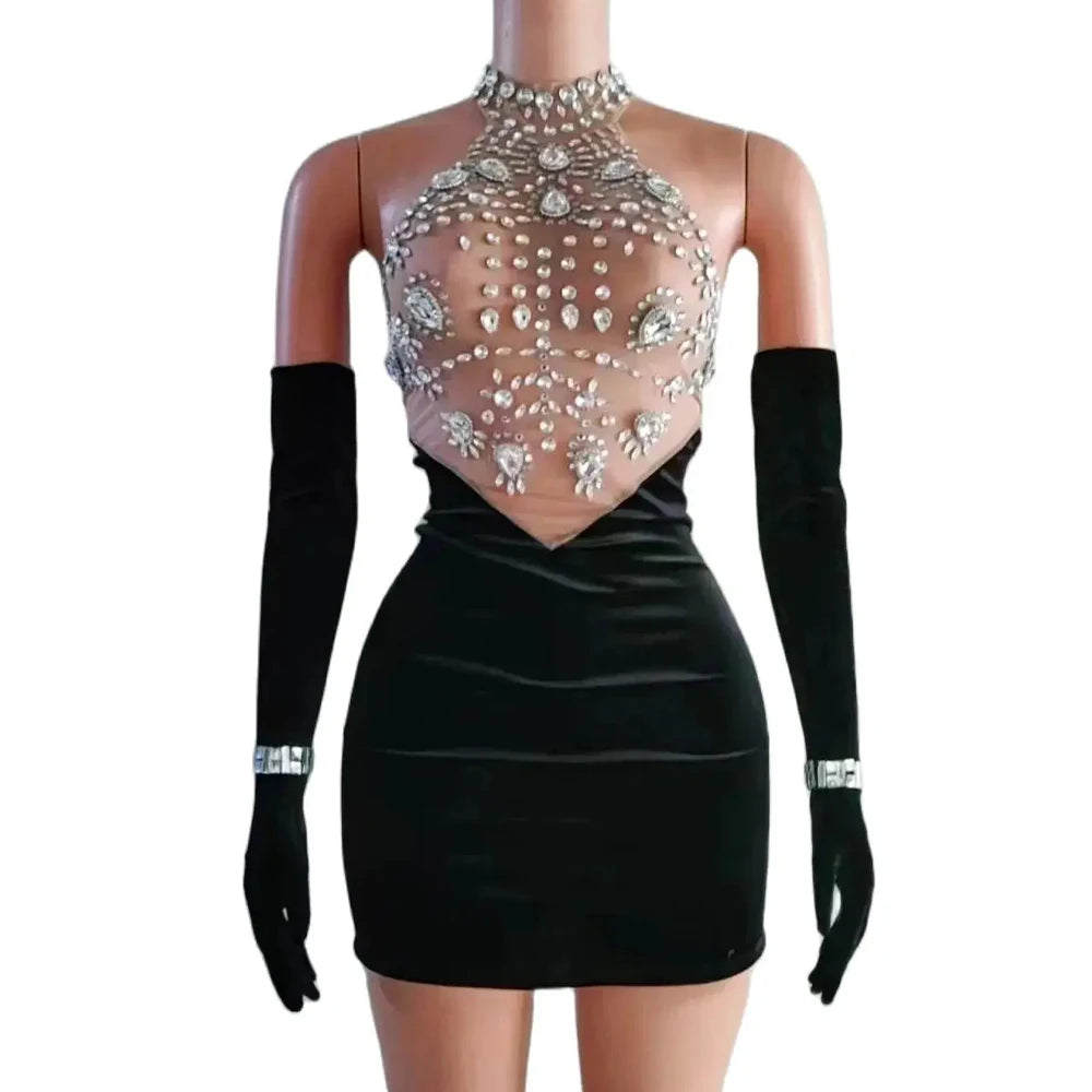 Sexy Black Velvet Crystals Gloves Rhinestones Transparent Dress Evening Dancer Outfit Birthday Celebrate Costume Host Dress