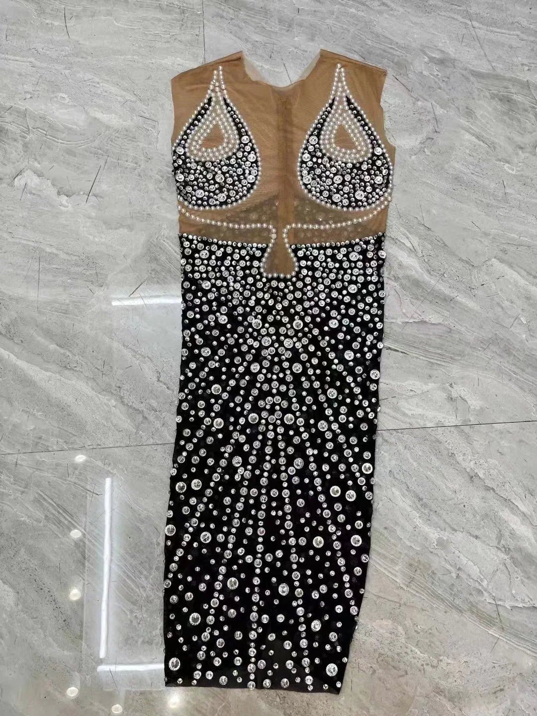 Sexy Bling Silver Rhinestones Pearls Transparent Sleeveless Dress Evening Club Birthday Celebrate Black Photo Shoot Costume