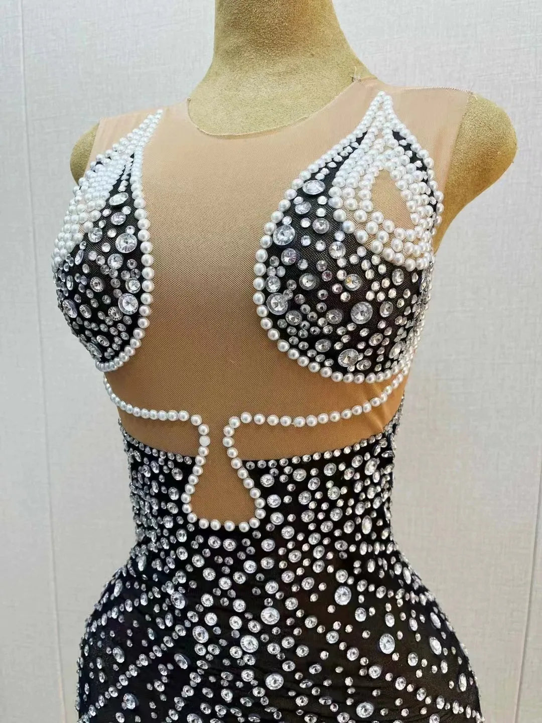 Sexy Bling Silver Rhinestones Pearls Transparent Sleeveless Dress Evening Club Birthday Celebrate Black Photo Shoot Costume