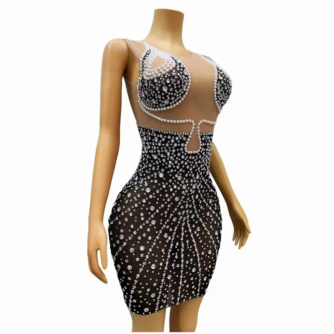 Sexy Bling Silver Rhinestones Pearls Transparent Sleeveless Dress Evening Club Birthday Celebrate Black Photo Shoot Costume