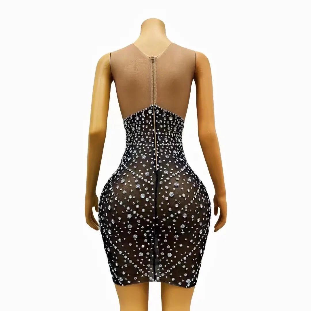 Sexy Bling Silver Rhinestones Pearls Transparent Sleeveless Dress Evening Club Birthday Celebrate Black Photo Shoot Costume