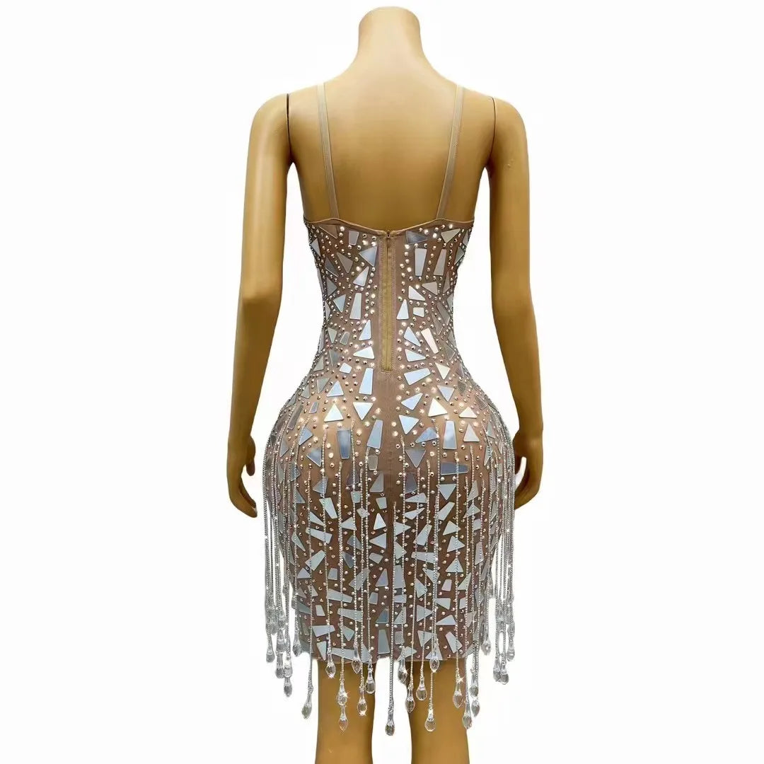 Sexy Silver Blue Mirrors Rhinestones Crystals Fringes Dress Birthday Celebrate Sexy Singer Costume Party Photoshoot Dress