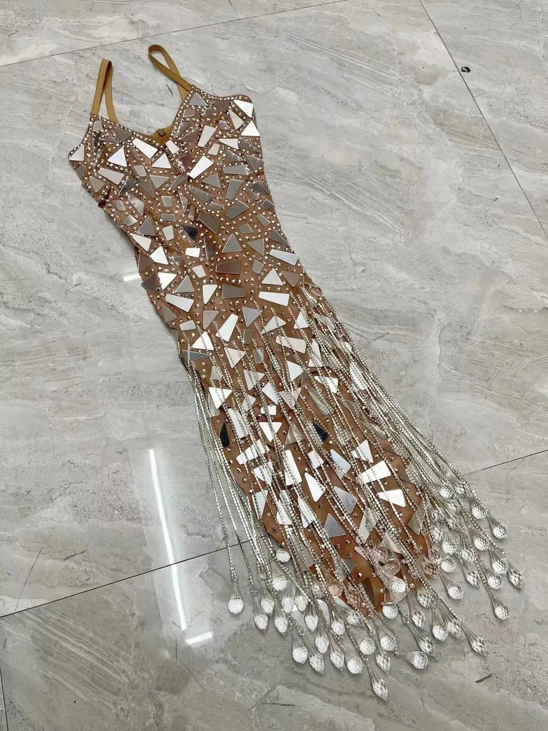 Sexy Silver Blue Mirrors Rhinestones Crystals Fringes Dress Birthday Celebrate Sexy Singer Costume Party Photoshoot Dress
