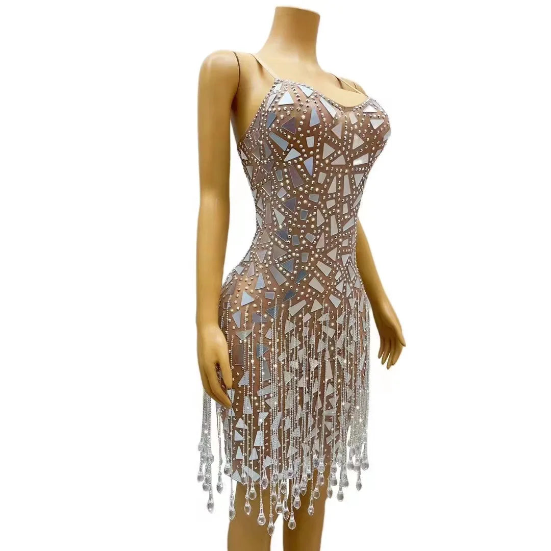 Sexy Silver Blue Mirrors Rhinestones Crystals Fringes Dress Birthday Celebrate Sexy Singer Costume Party Photoshoot Dress
