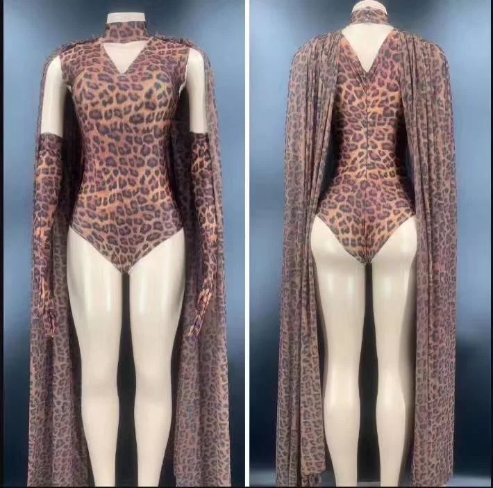 Sexy Bodysuits For Women Stage Perform Costume Carnival Drag Queen Outfits Leopard V-Neck Long Sleeves Party Prom Clothing