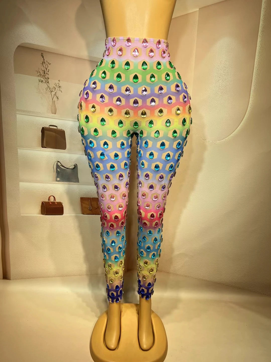 Sexy Colorful Big Rhinestones Transparent Pants Women Dance Performance Leggings Evening Birthday Celebrate Outfit Loukongku
