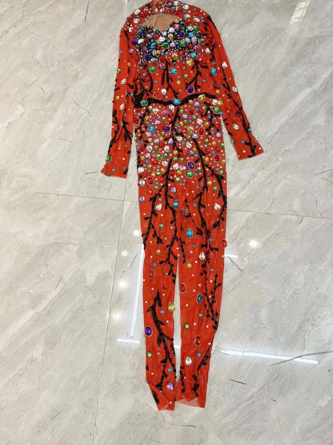 Colorful Rhinestones Mesh Bodysuit Evening Jumpsuit Outfit Dance Costume