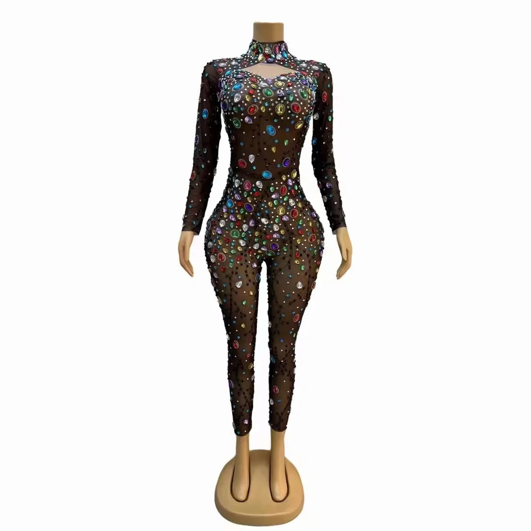 Colorful Rhinestones Mesh Bodysuit Evening Jumpsuit Outfit Dance Costume